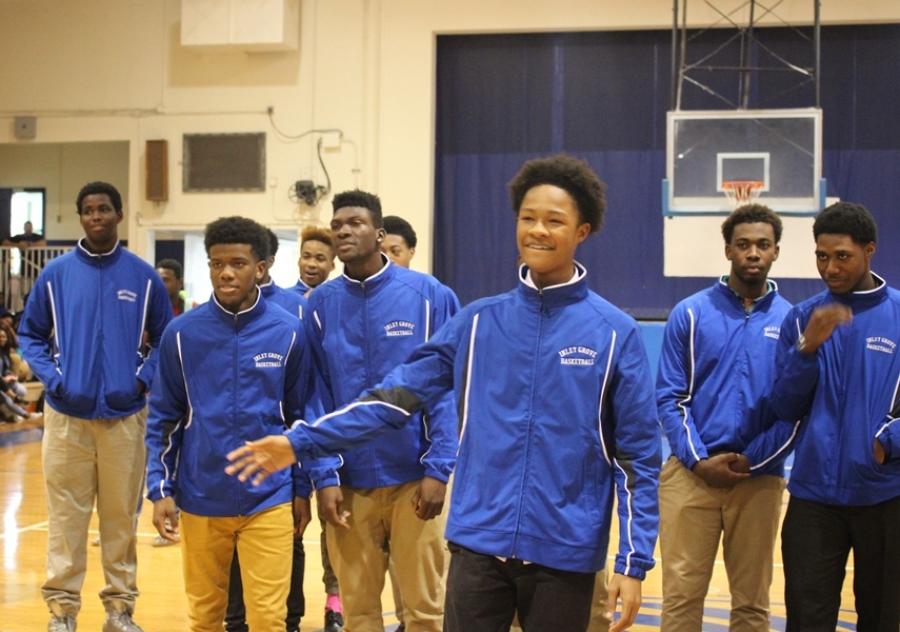 VARSITY SQUAD: Helping jump start Friday's Pep Rally were basketball team members including, from left, D'ontaye, Dharma, Loit, Khalil, Donte, Javery, Butler and Javaris.