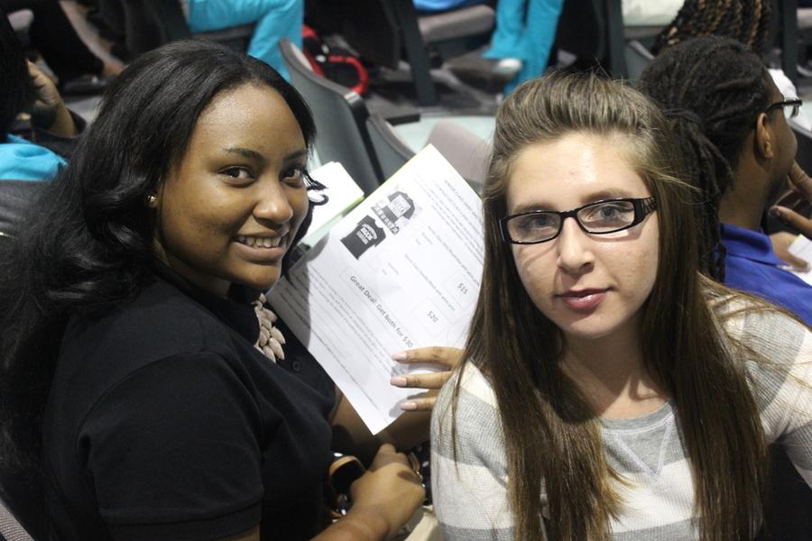 FIRST SENIOR MEETING: Tatyana Berrien, left, and Makeighla Claunch were in the auditorium among members of the self-described