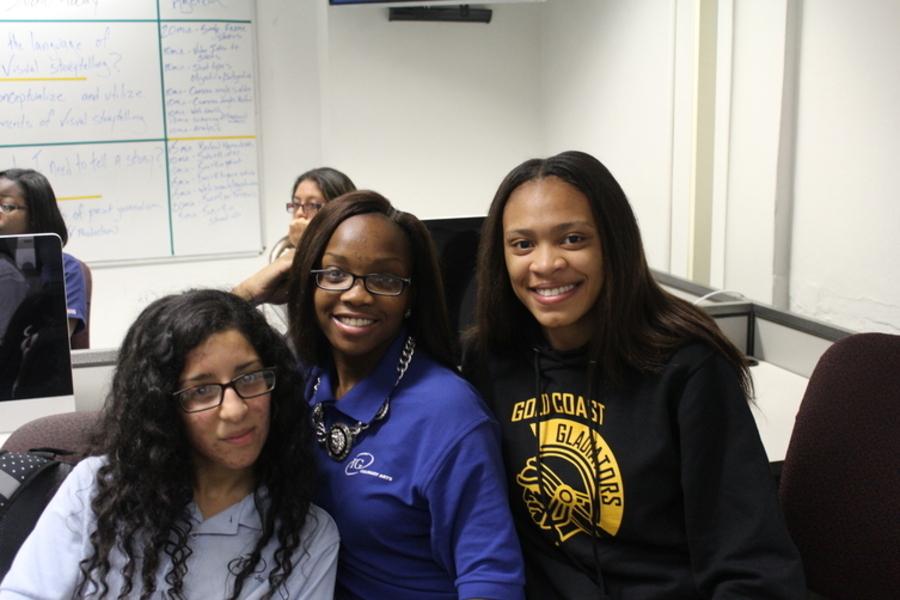 History in the making: First meeting of the Multimedia Club ! Among the dozens of students attending were (L-R) Angie, Michelle and Sophie.
(8.19.15)