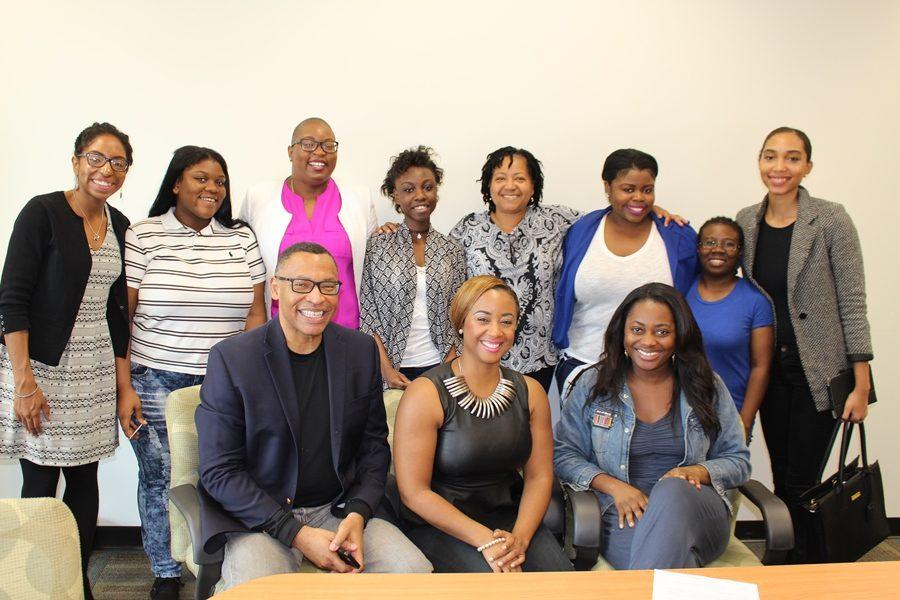OH, THE POSSIBILITIES! Hurricane editors Traujauna Johnson (second from left) and Micaja Jeune (back row center) soaked up encouragement, advice and wisdom from seasoned multimedia professionals during the monthly meeting of the South Florida Black Journalists Association, Feb. 6.
