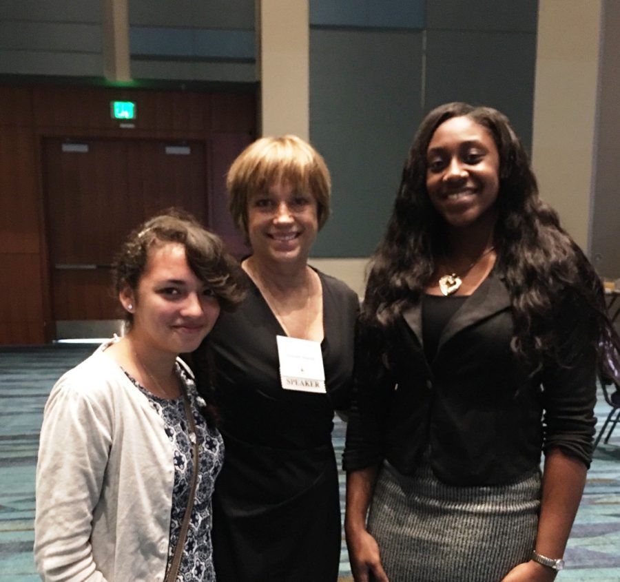 WOMENS SYMPOSIUM:  Former Olympic champion Dorothy Hamill, center, is joined by Rebeca Reyes, left, and fellow Hurricane Medical Academy student Madyson Roye at the Johns Hopkins Womens Health Conference at the Palm Beach Convention Center on Jan. 26.
