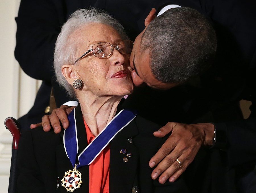 WASHINGTON, DC - NOVEMBER 24:  U.S. President Barack Obama kisses former NASA mathematician Katherine G. Johnson after he presented her with the Presidential Medal of Freedom during an East Room ceremony November 24, 2015 at the White House in Washington, DC. Seventeen recipients were awarded with the nationÕs highest civilian honor.  (Photo by Alex Wong/Getty Images)