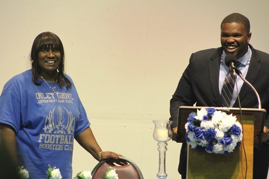 Coach Bradden and his mom during the Canes Sports Banquet in May 2016.