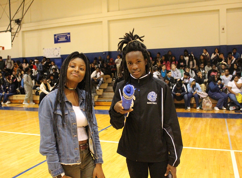 IN THE GYM: Students gathered for the Pep Rally hosted by Kathleen Morvan and Marc Filsaime to honor the girls and boys soccer and basketball teams. Elijah May performed a song to cap off the Jan 19 rally.