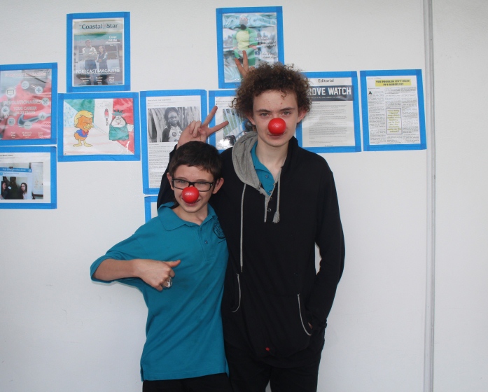 BROS BY BLOOD: But friends by choice. Cane siblings Xain and Kai Lawracy, both in the Maritime Academy, honor Brothers Day by wearing clown red noses.
