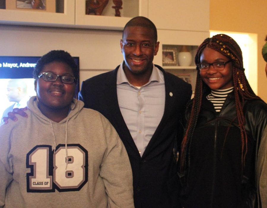SUNSHINE STATE SMILES: Gubernational candidate Andrew Gillum with GroveWatch Editor-in-Chief Brianna Luberisse and Canes Pre-Law student Aaliyah Tatoute at the home of South Florida Times publisher Robert Beatty. 