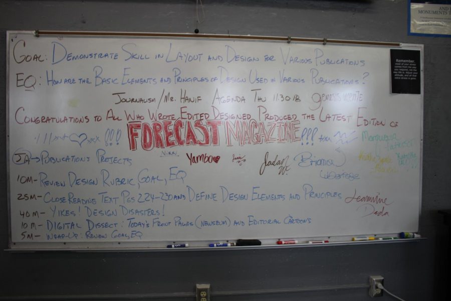 CATEGORY 5: Journalism advisor Mr. Hanifs white board was full of signatures and congratulatory messages for those who helped work on the recent winter edition of Forecast magazine.