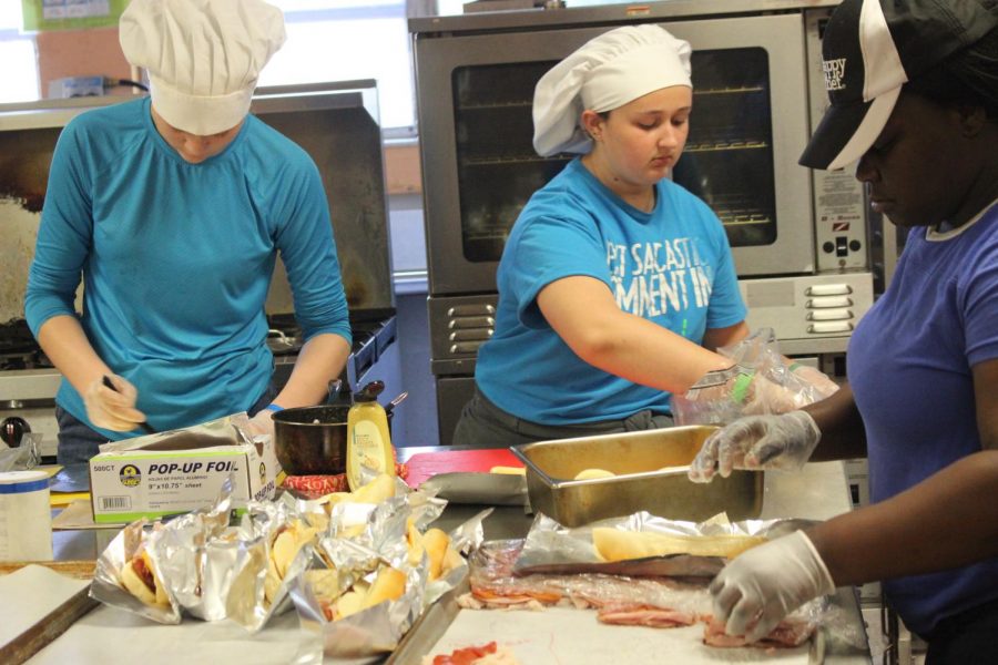 EMPTY STOMACHS:  Culinary students from period 1 and 2 prepared and organized  48 lunch plates for teachers and staff.