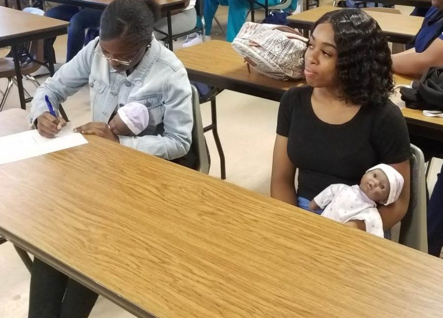 EARLY PARENTING:  Medical Academy students were given an assignment to experiment on how to care for a baby in Ms. Paramores second period class (Pre-Medical).