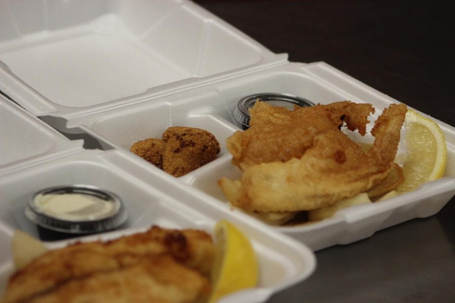 FISH N CHIPS: The menu for this Thursday teacher lunches was a classic Fish N Chips (fried fish and french fries) with a side of homemade tarter sauce for dipping.