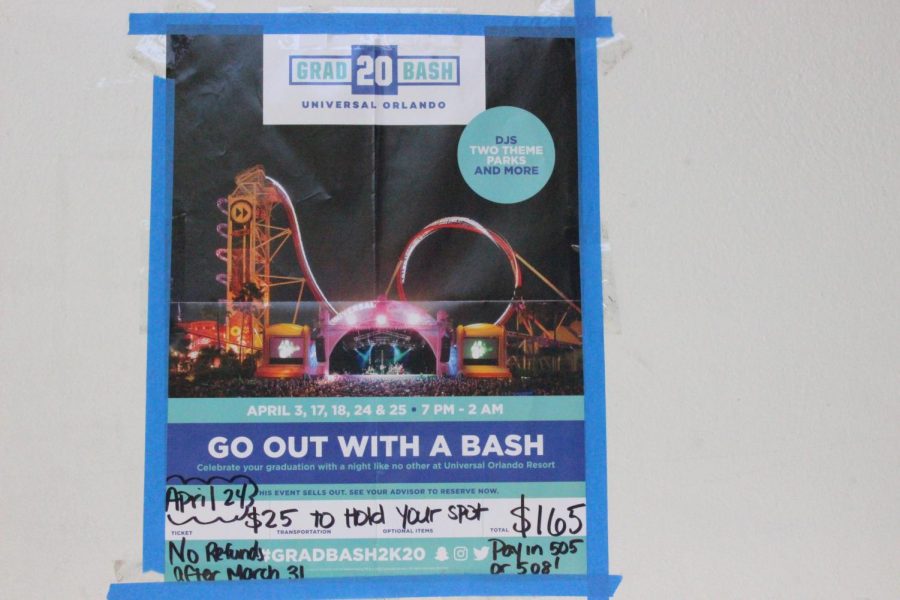 OUT WITH A BASH: English instructor Ms. Day posted a flyer outside of her classroom rm 505 to advertise and inform senior students to come out for Inlet Grove's 2020 Grad Bash event.