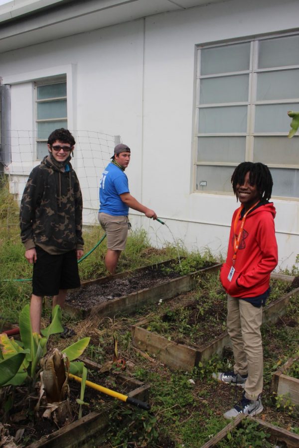 HELPING HANDS: Ethan Appleby and his friend(left) assisted Xain Lawracy with the schools garden.