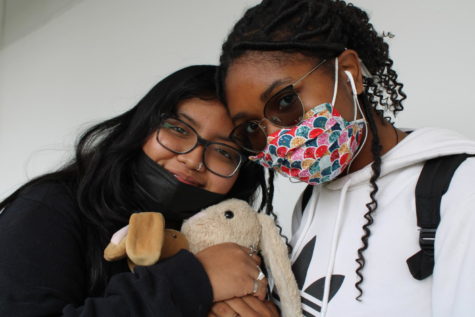 WINTER CHILL: Esperanza Raymundo and Samiyah Watson brought their stuffed animals to help keep them warm from the cold weather. 