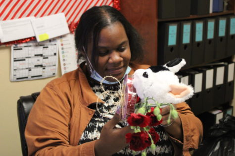 LOVE SEASON: Throughout the day, a dozen of gifts were given to students and teachers. Ms. Cameron received a Valentines present from her daughter. 