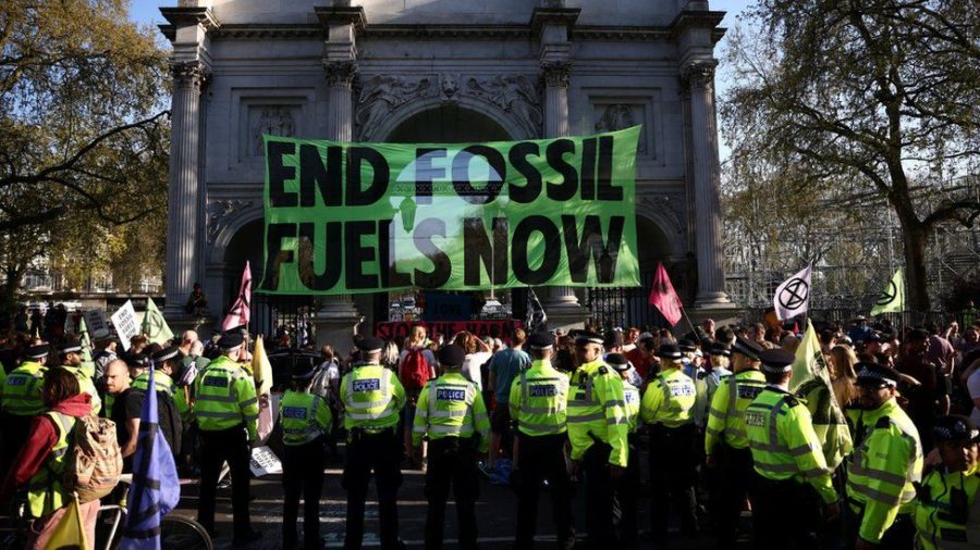REVOLUTION: In London, a dozen people joined an Extinction Rebellion protest against climate change. 