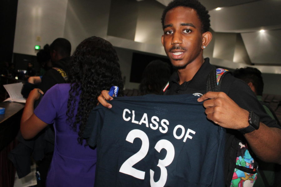 FEELING 23: Senior, Keruschy Francois shows off the class of 2023 Senior shirt. Students received their shirts after the assembly. 
Three years down, one more year to go. Said Francois. Making this last year epic.