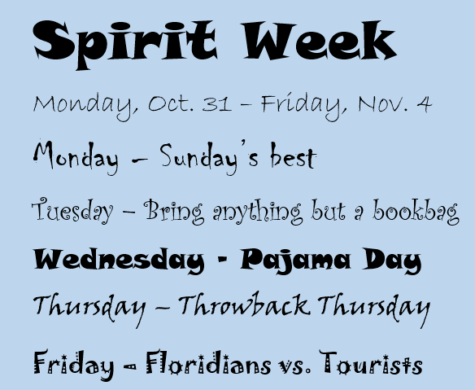 HOMECOMING: Students and staff will have the opportunity to dress out to show school spirit. Thursday, Nov. 3, SGA will host a pep rally followed by Senior Night and the Homecoming game against Palm Beach Christian Prep. Friday, Nov. 4, The Homecoming dance will take place at the Riviera Beach Marina, 7:30-11pm.