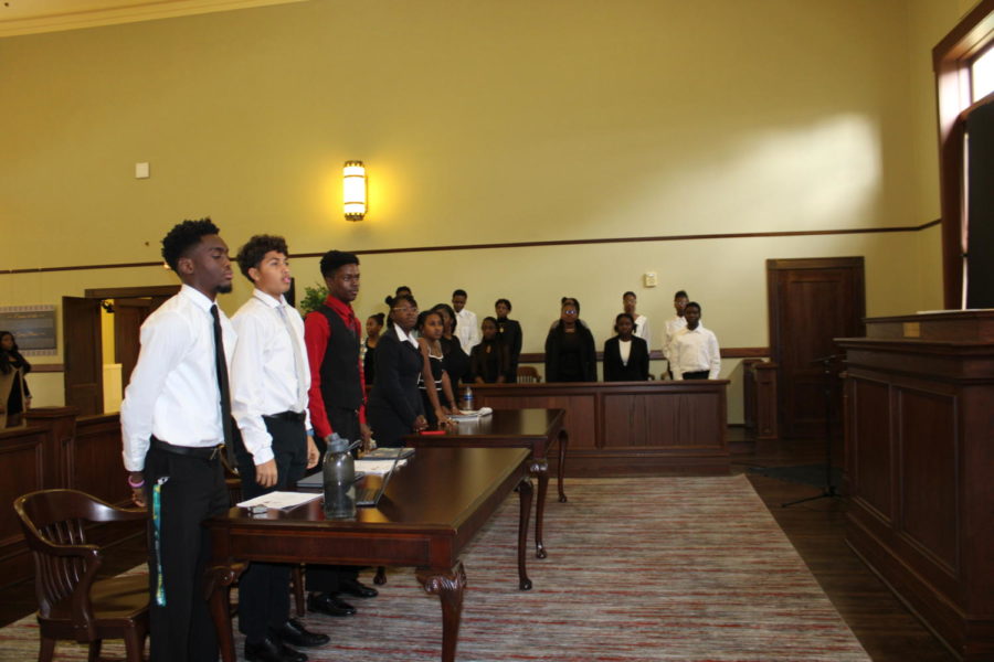 UNDER OATH: Students in the pre-law academy start their mock trial at the county courthouse.