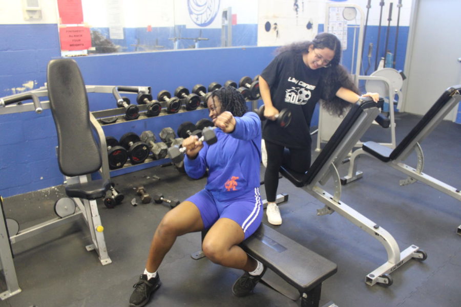 FLEXION: The underclassmen workes on their biceps by doing single-arm dumbbell curls.