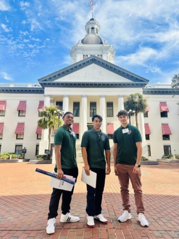 RISING CANES: Mr. Lambaz, Pre Architecture and Engineering instructor, took his students Jayden Sander, Sebastian Navas and Tony Kahwati, to Legislative Day in Tallahassee.
Our students, Tony, Sebastian, and Jaden did an incredible job advocating for our school, commented Mr. Lambaz. They had the opportunity to interact face-to-face with our house, representatives, senators and discuss some key points that needs to be addressed in regards to the profession.