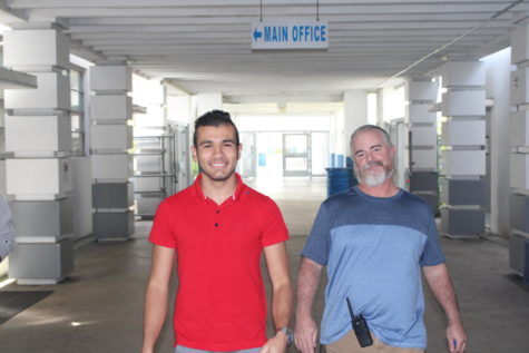 SMILES: Former student Gabriel Gerig came back on campus for the new year to revisit his friends and former teachers. From left, Gabriel Greig, Mr. McDermott.