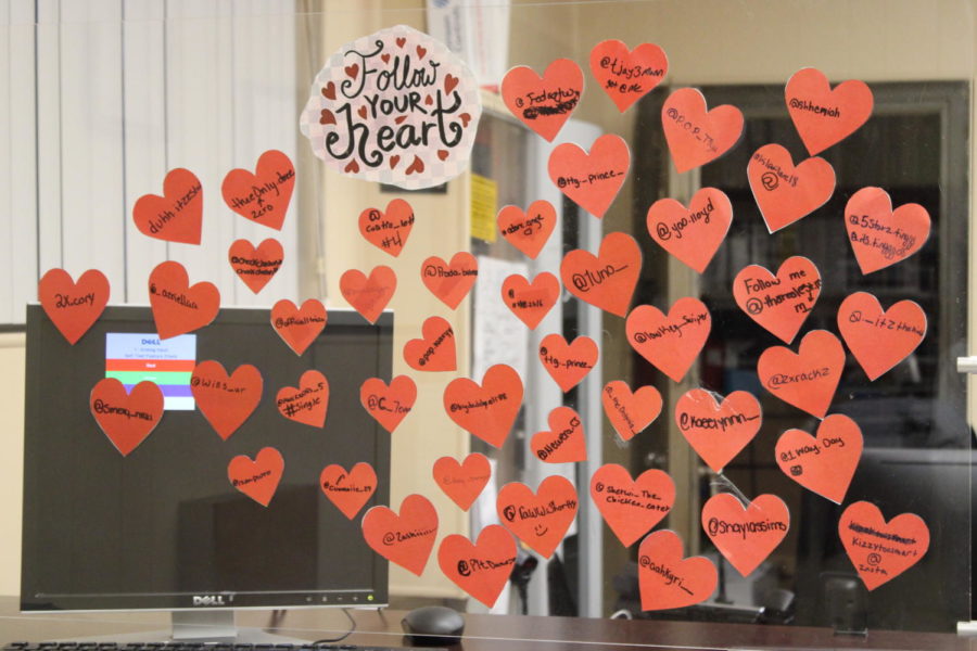 MI CORAZON (MY HEART): In the front office students wrote their Instagram usernames on the Follow My Heart Wall in honor of  Valentines Day. 