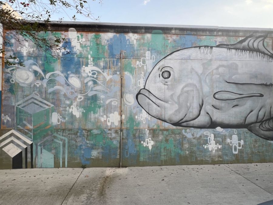 GO FISH: Geometric shapes and designs were used to create this mural of a fish with almost graffiti-like strokes and shapes.