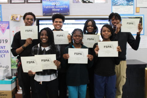 STARS OF THE PRESS: 7 Canes received certificates for their entries in the FSPA Spring Digital Contest 2023. From left: Jason Eugene, Lovely Marcelus, Sincere Rodriguez, Dayana Renoit, Medjinha Pierre-Louis, Alaja Depina, and Elijah Goring.