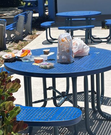 UNTIDY: Students leave their trash at a table by Building 3. 