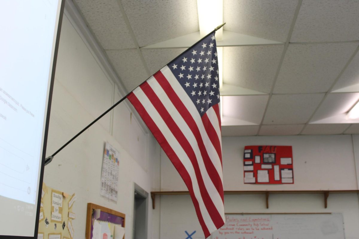 ALLEGIANCE: The Flag of the United states of America, is positioned in the front of the classroom, next to the projector screen. Students and teachers say the pledge of allegiance in the morning, before morning announcements. 