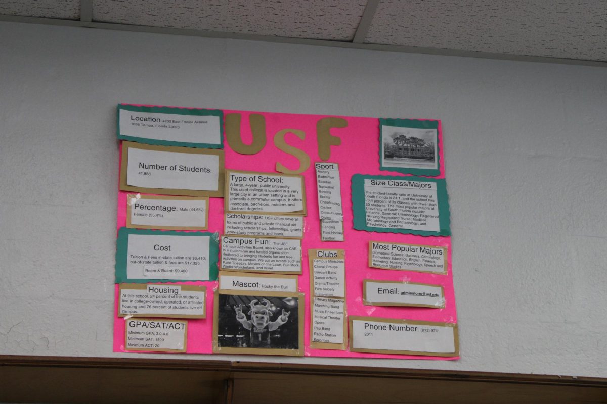 COLLAGE REVIEW: Accompanying the FAU college poster, there is the USF poster. It gives general information on the college. Such as: the college phone number, email, amount of students GPA/SAT/ACT requirements, etc.