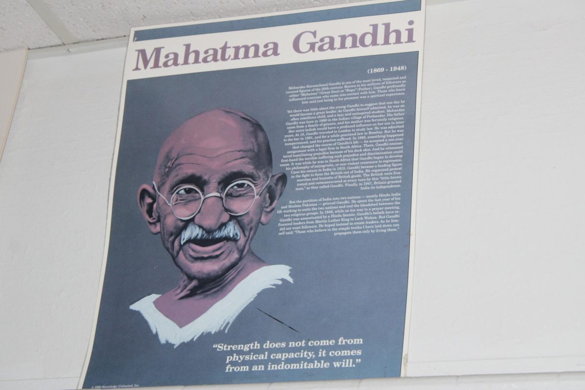 WHO? This is a poster of Mahatma Gandhara that give some main points on his life.