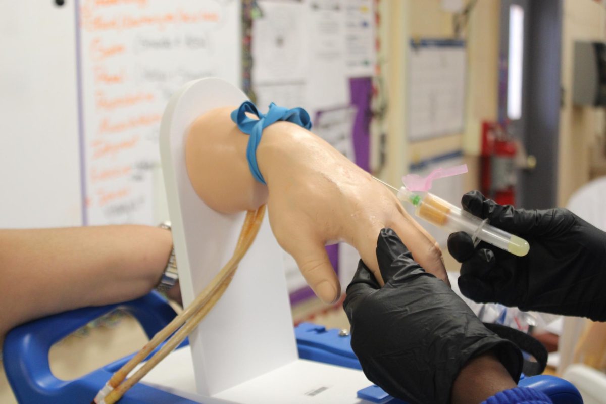 HANDS-ON LEARNING: Nurse Cintron reviewed phlebotomy with the CCMAs (Certified Clinical Medical Assistant) students on Nov. 13 and had them practice their  phlebotomy skills, along with the steps of patient care.