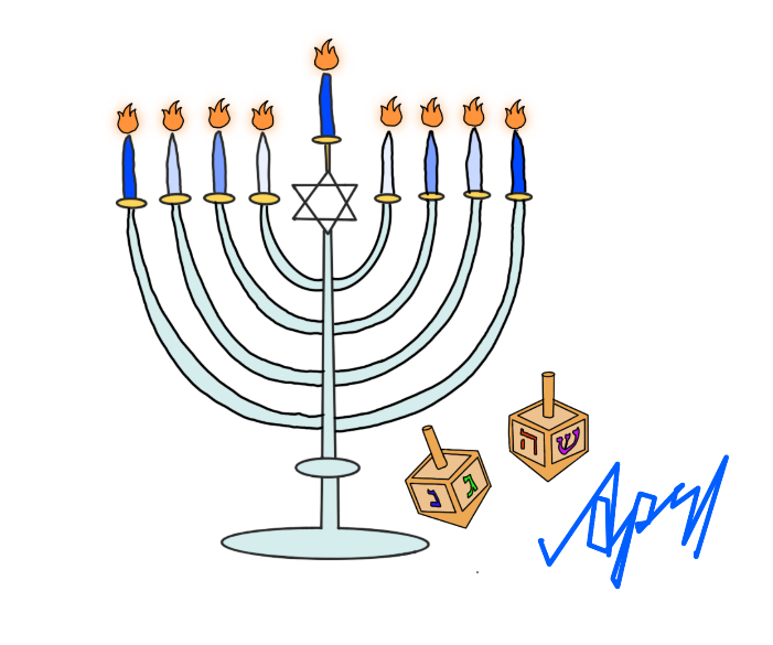 Menorah and dreidels drawing by April O'Neil.