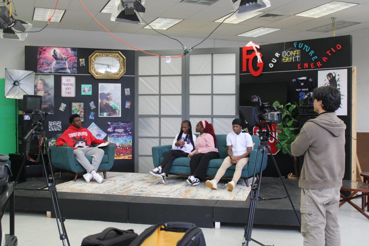 A GLIMPSE INTO: TV Production students in Mr. Goldstein's class films next week's talk show during 4th hour.  