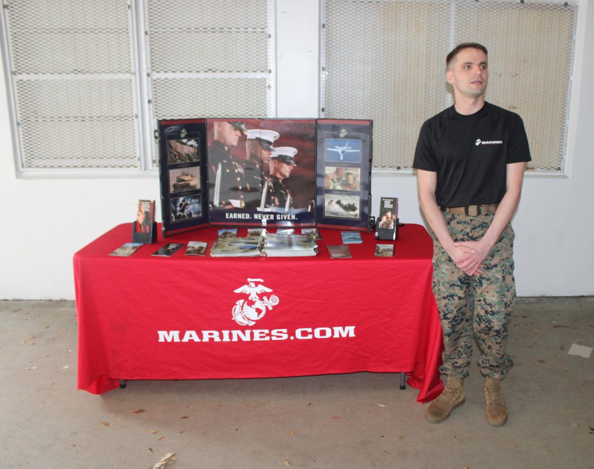 EARNED, NEVER GIVEN: Once every week in front of the cafeteria, soldiers from the US Marine Corps come to Inlet Grove to inform students of what they do and opportunities for scholars within the force.