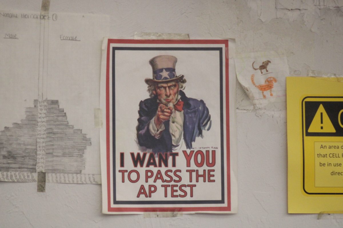 ENCOURAGEMENT: A poster in Dr.Spector’s classroom gives students a push as exam season approaches.