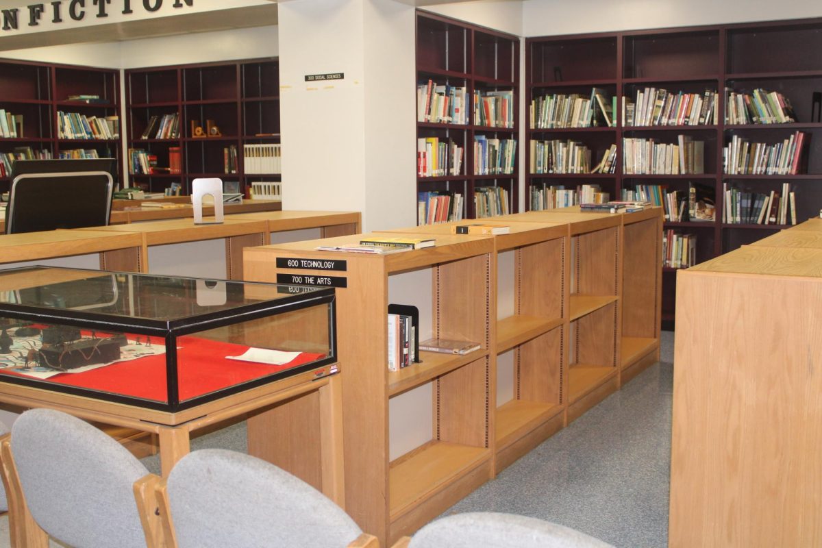 STILLNESS: Empty aisles and tall shelves create a calm library space that encourages focus and quiet learning.