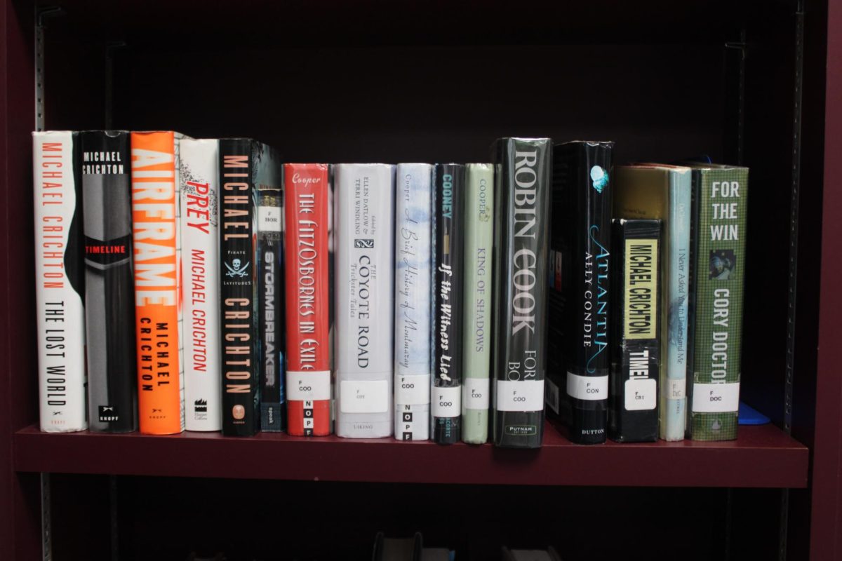 FICTION SHELF: A variety of books organized for students.