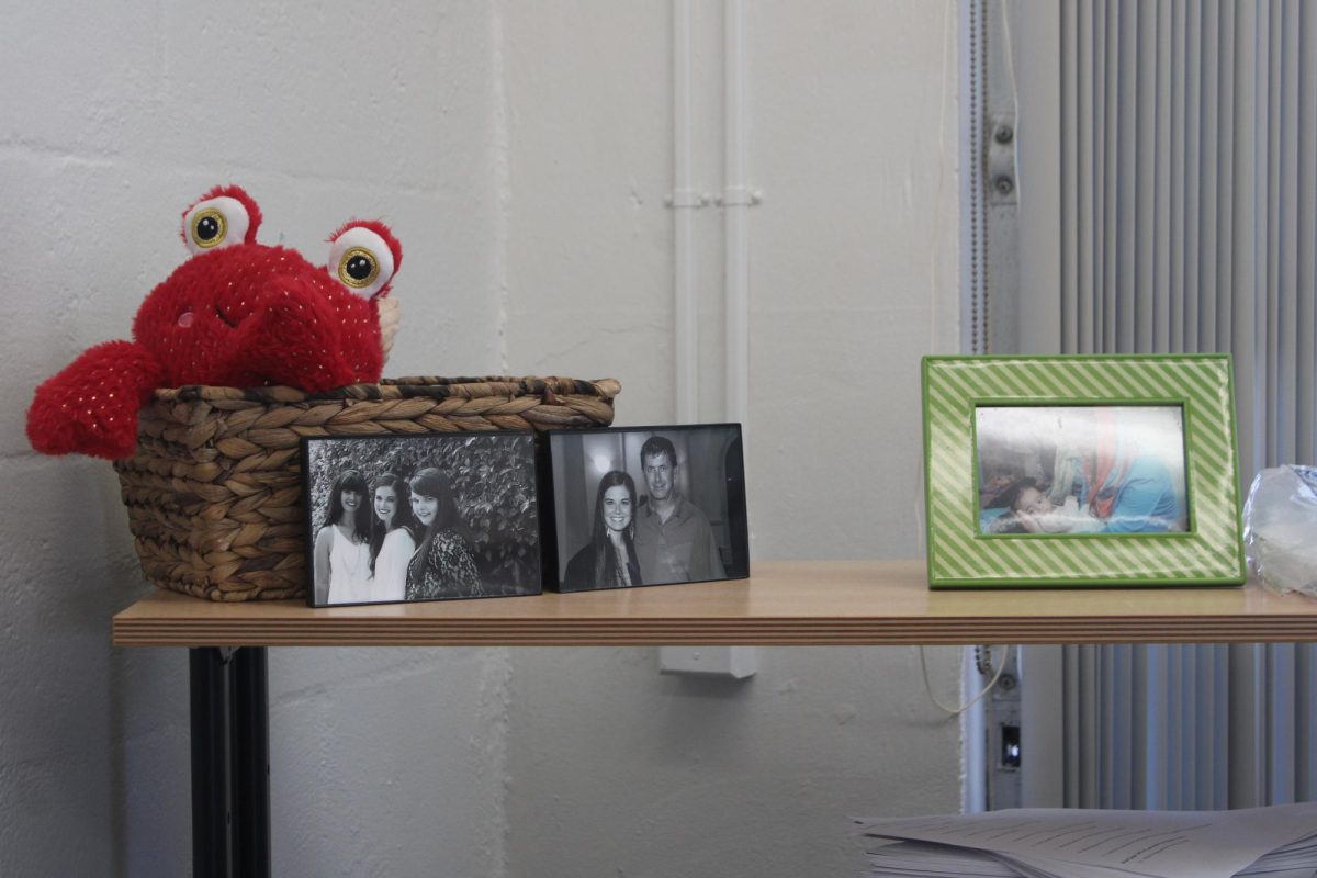 MEMORY SOUVENIRS: Behind this teacher's desk, there is a plushie given by a student on Valentine’s Day, pictures with family, and an account of refugee work in Jordan. Is it obvious enough yet?