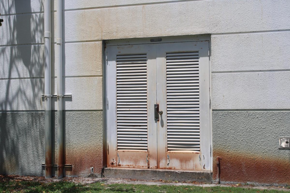 RUST: This storage unit blends into the wall, but the aging at the base shows it’s been there for a while.