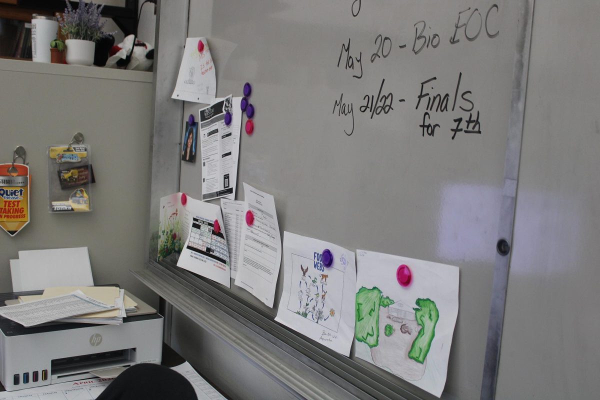 UPCOMING DATES: Mrs spector board displays reminders for upcoming assignments and finals.